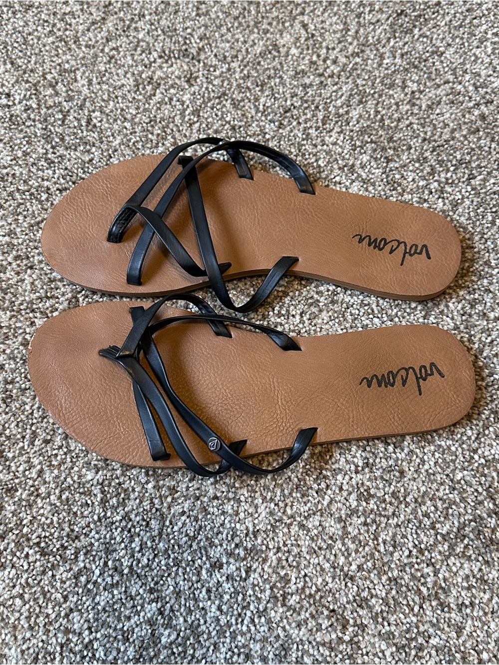 Volcom Women's Black Strappy Sandal Flip-Flops with Tan Footbed